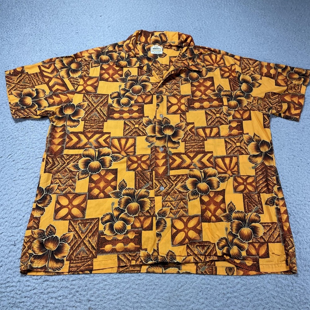 VTG Golden Brent Shirt Men XL Yellow Hawaiian Aloha Loop Collar Tropical USA 60s